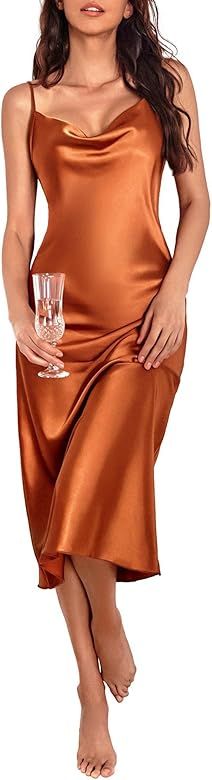 Womens Satin Nightgown Sexy Lingerie Sleepwear Spaghetti Strap Cowl Neck Elegant Long Slip Satin Sil | Amazon (US)