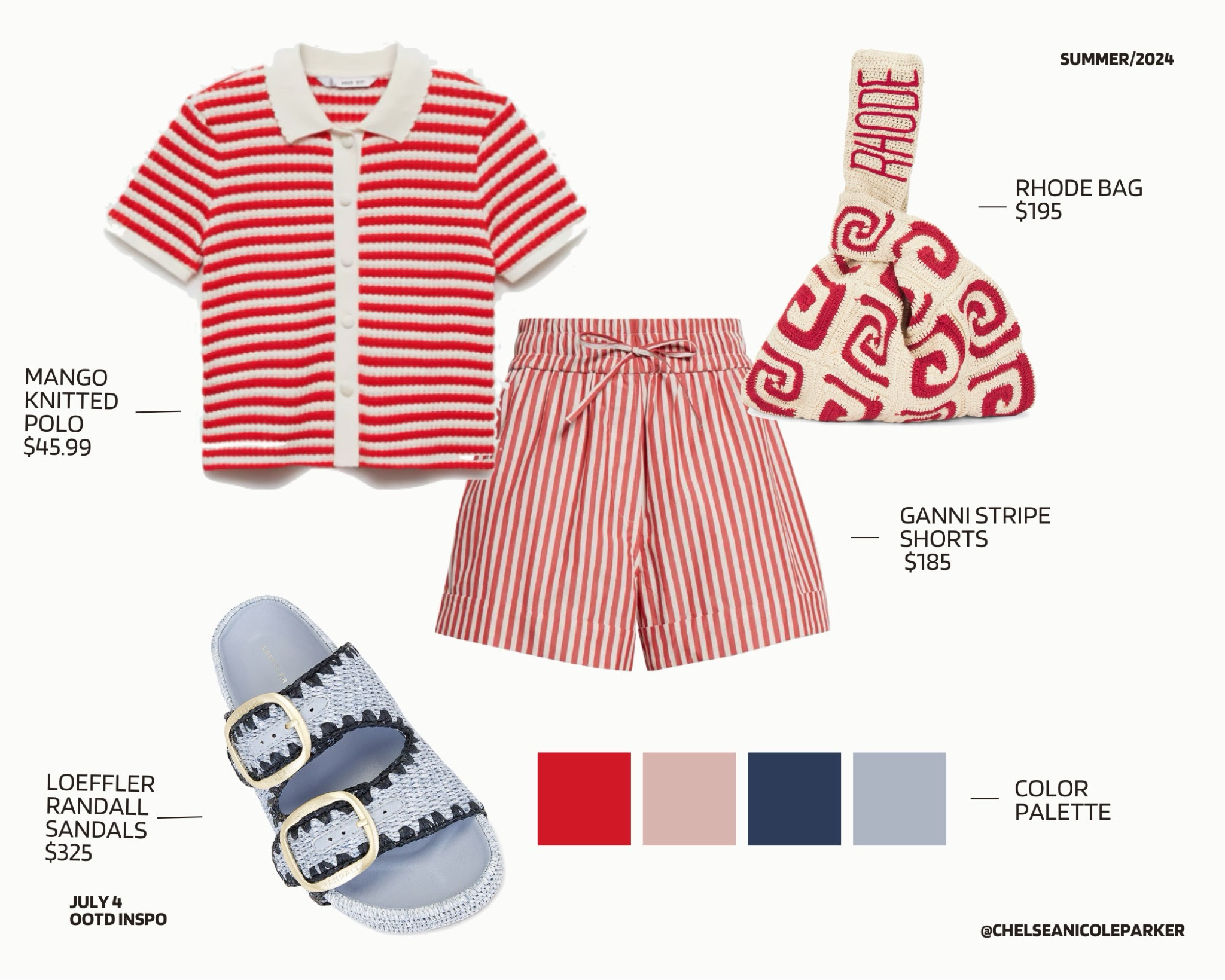Mango Red Striped Knit Polo + Ganni Stripe Shorts + Rhode Crochet Red Swirl Handbag + Loeffler Randall Blue Buckle Slides Sandals - Summer Outfit / 4th of July Outfit / July Fourth Casual / OOTD Inspo

#LTKSeasonal #LTKFindsUnder50 #LTKFindsUnder100