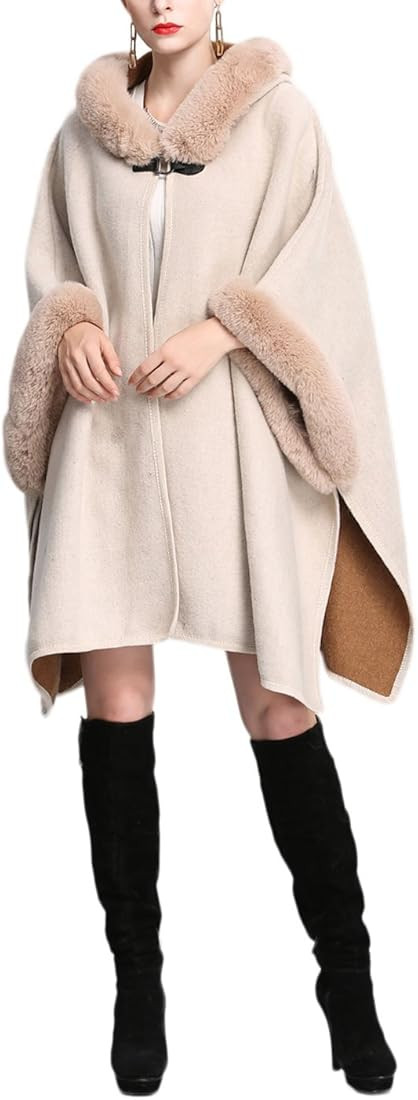 Gihuo Women's Luxury Batwing Sleeve Faux Fur Hooded Cloak Poncho Sweater Cape | Amazon (US)