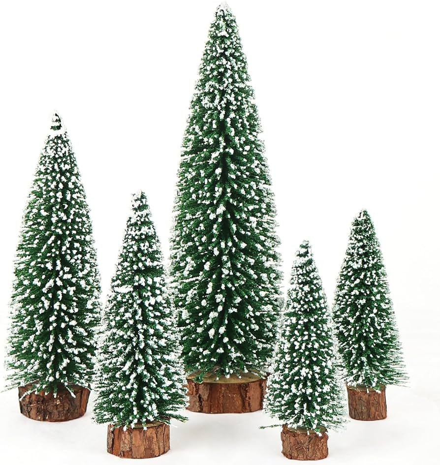 AerWo 5Pcs Mini Christmas Trees Flocked Bottle Brush Christmas Trees with Wooden Bases, Small Chr... | Amazon (US)