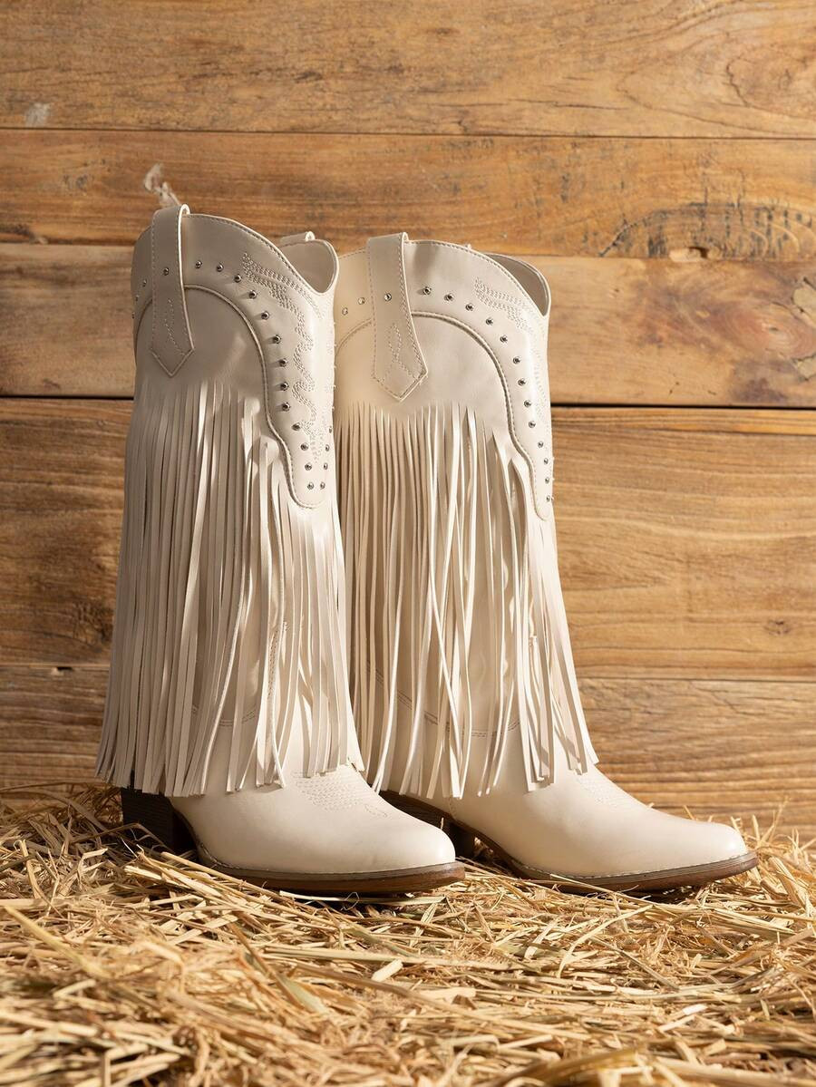 Women Cowgirl Western Boots Fringe Tassel Chunky Block Heels For Mid Calf Slip On Retro Casual Fa... | SHEIN