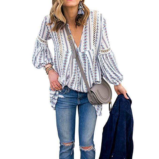 ZXZY Women Long Sleeve V Neck Hollow Out Floral Print Shirt Tops Long Blouse Tee | Amazon (US)