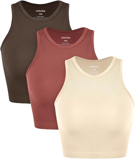 ODODOS 3-Pack Seamless Crop Tank for Women Ribbed Soft High Neck Cropped Tops | Amazon (US)