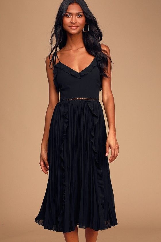 Never a Dull Moment Black Tie-Strap Pleated Midi Dress - Fall Wedding Guest Dresses | Lulus (US)