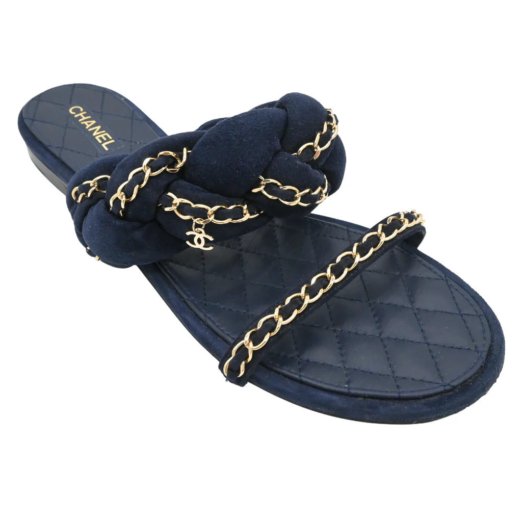 Navy Suede Chain Trim Quilted Slide Sandals | Clotheshorse Anonymous
