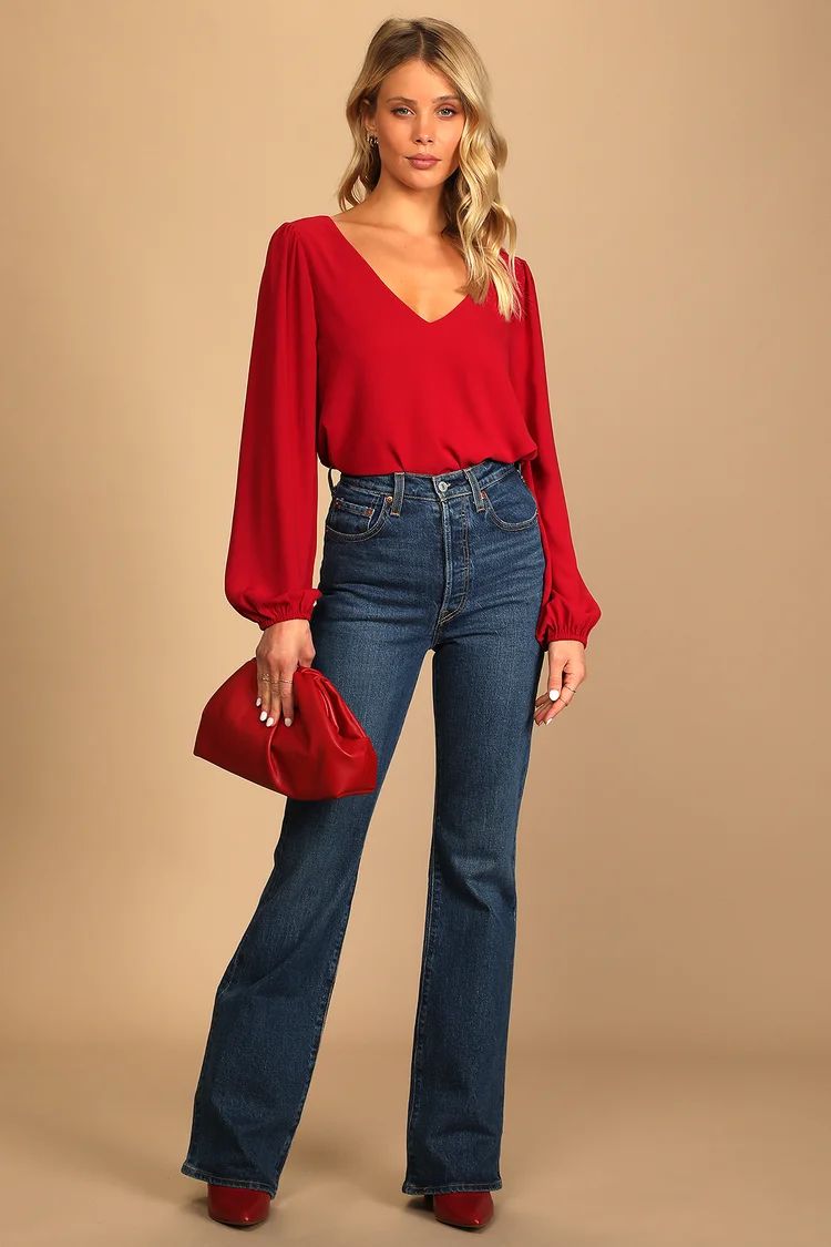 Stylish and Sincere Berry Red Long Sleeve V-Neck Top | Lulus (US)