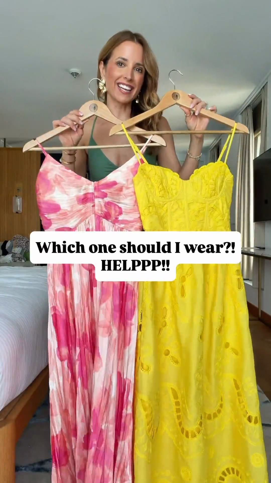 My Switzerland dinner outfit - which one should I wear? Cocktail dresses. Wedding guest dresses. Summer wedding guest. Fall wedding guest. Baby shower dress. Dinner dresses. Date night dresses. Party dresses. 
*XXS in yellow and XS in pink - yellow bust runs small so consider sizing up. You can adjust the straps on both.