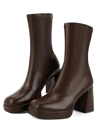 Putu Platform Boots for Women,GoGo Boots,Square Toe Sock Boots Chunky Heel Ankle Boots Pull on Booties Brown 8.5 | Amazon (US)