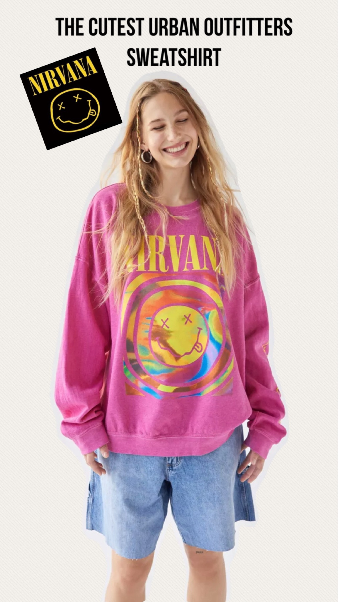 The cutest nirvana sweatshirt. 
#urbanoutfitters 

#LTKunder100 #LTKcurves #LTKstyletip