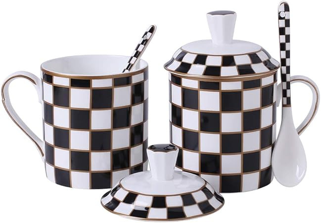 Porlien Checker Pattern Mug Set of 2 with Lid and Spoon, 15oz, Matching Checker Dinnerware Set | Amazon (US)