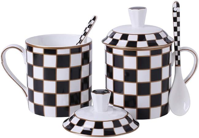 Porlien Checker Pattern Mug Set of 2 with Lid and Spoon, 15oz, Matching Checker Dinnerware Set | Amazon (US)