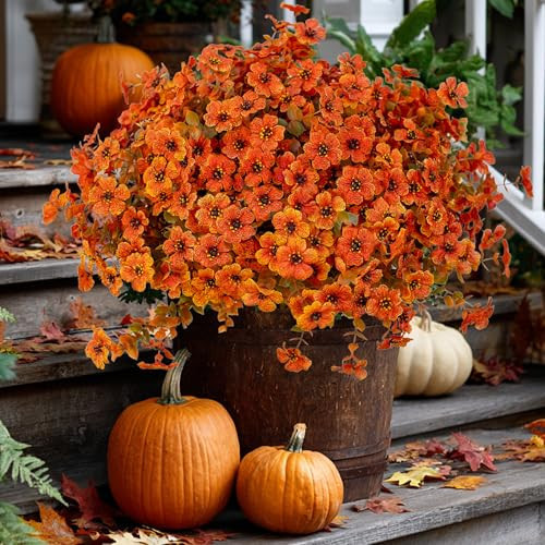 AXYLEX Artificial Fall Flowers Outdoor Fake Mums - 16 Bundles Fake Plants UV Resistant No Fade Faux Plastic Greenery Garden Porch Patio Fall Home Decor (Orangegreen) | Amazon (US)