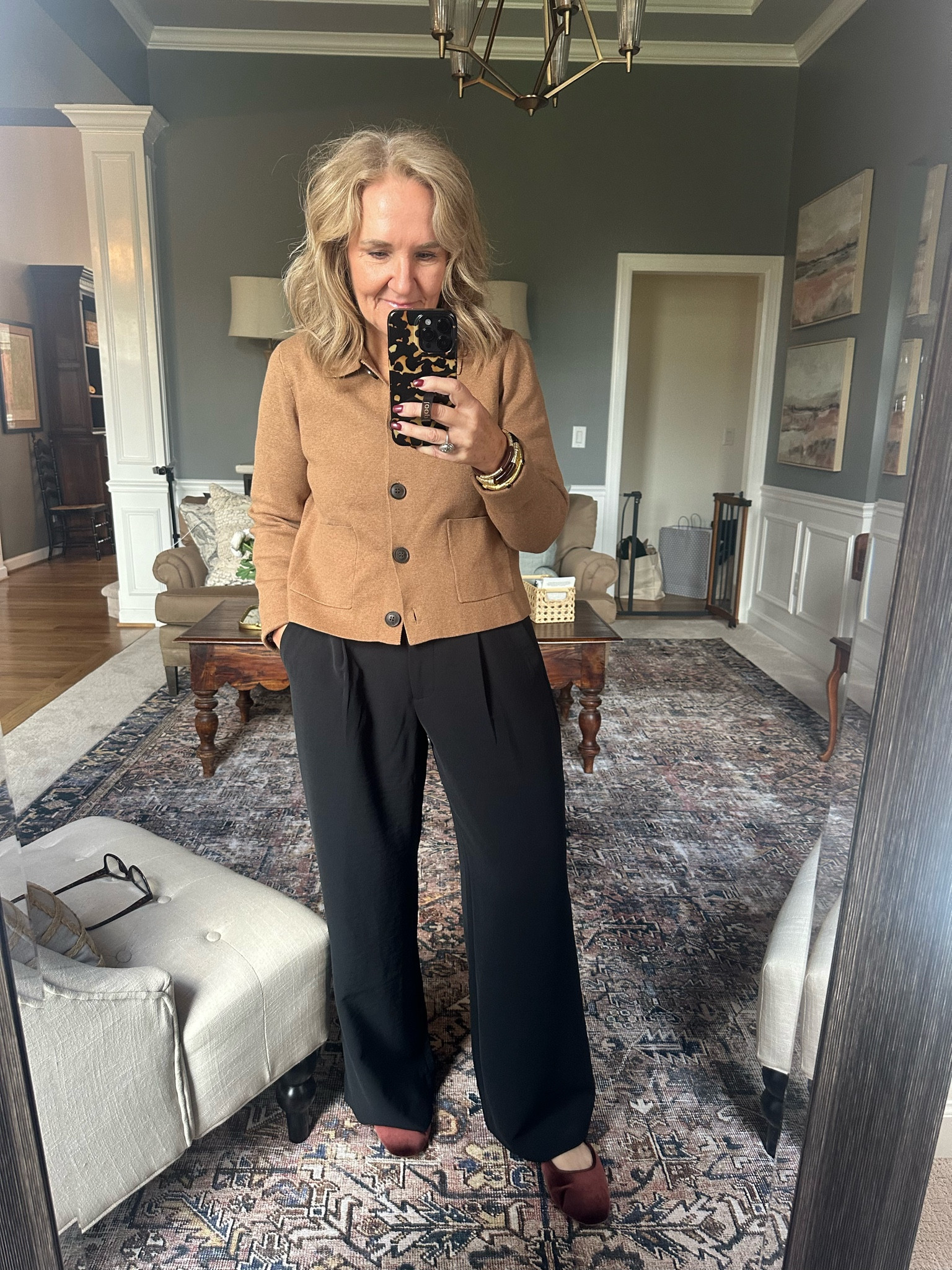OOTD 

Brown sweater blazer/cardigan. It’s beautiful. Size medium 

Black trousers. My favorite. Wearing a 29 short. Perfect for flats. 

Birdies tts super comfy. 

Allie Bess bracelets 20% off code NANETTE20  and Julie Vos mixed. 

Work outfit Abercrombie Harper pants 

#LTKFindsUnder100 #LTKOver40 #LTKWorkwear