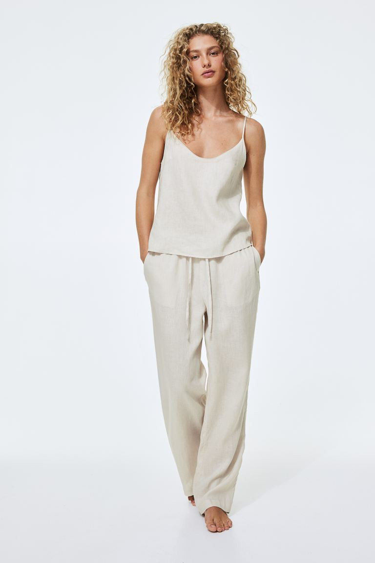 Linen Pants - High waist - Long - Light beige - Ladies | H&M US | H&M (US + CA)