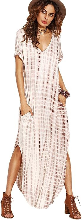 MakeMeChic Women's Boho Maxi Short Sleeve Split Pockets Tie Dye Long Dress | Amazon (US)