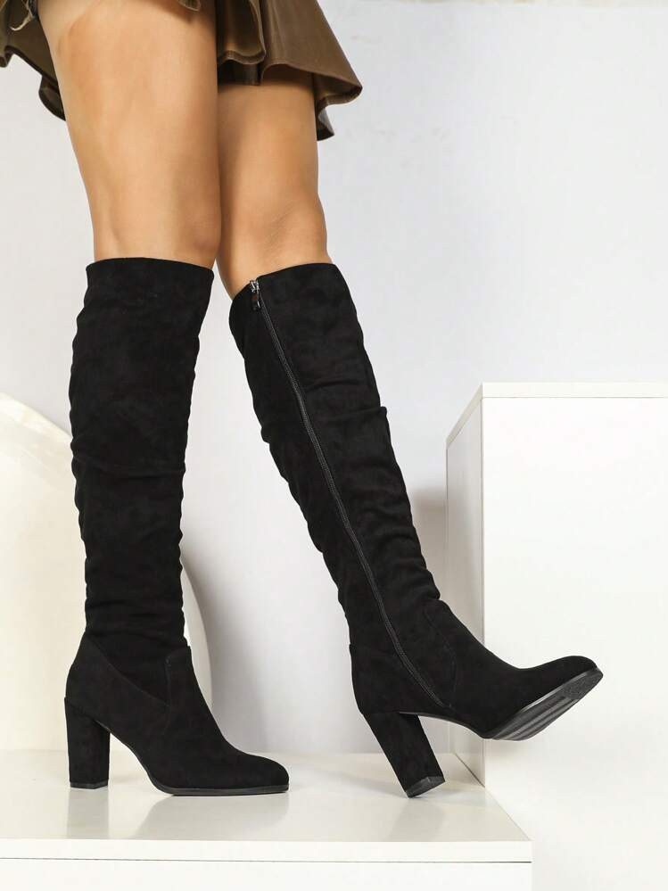 Women 2024 Autumn Winter New Round Toe High Heel Side Zip Knee High Boots, Thick Heel Stretch Rid... | SHEIN