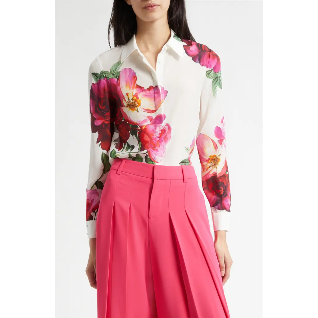 Alice + Olivia Willa Floral Silk Button-Up Shirt in Empress Bloom Off White at Nordstrom, Size Large | Nordstrom