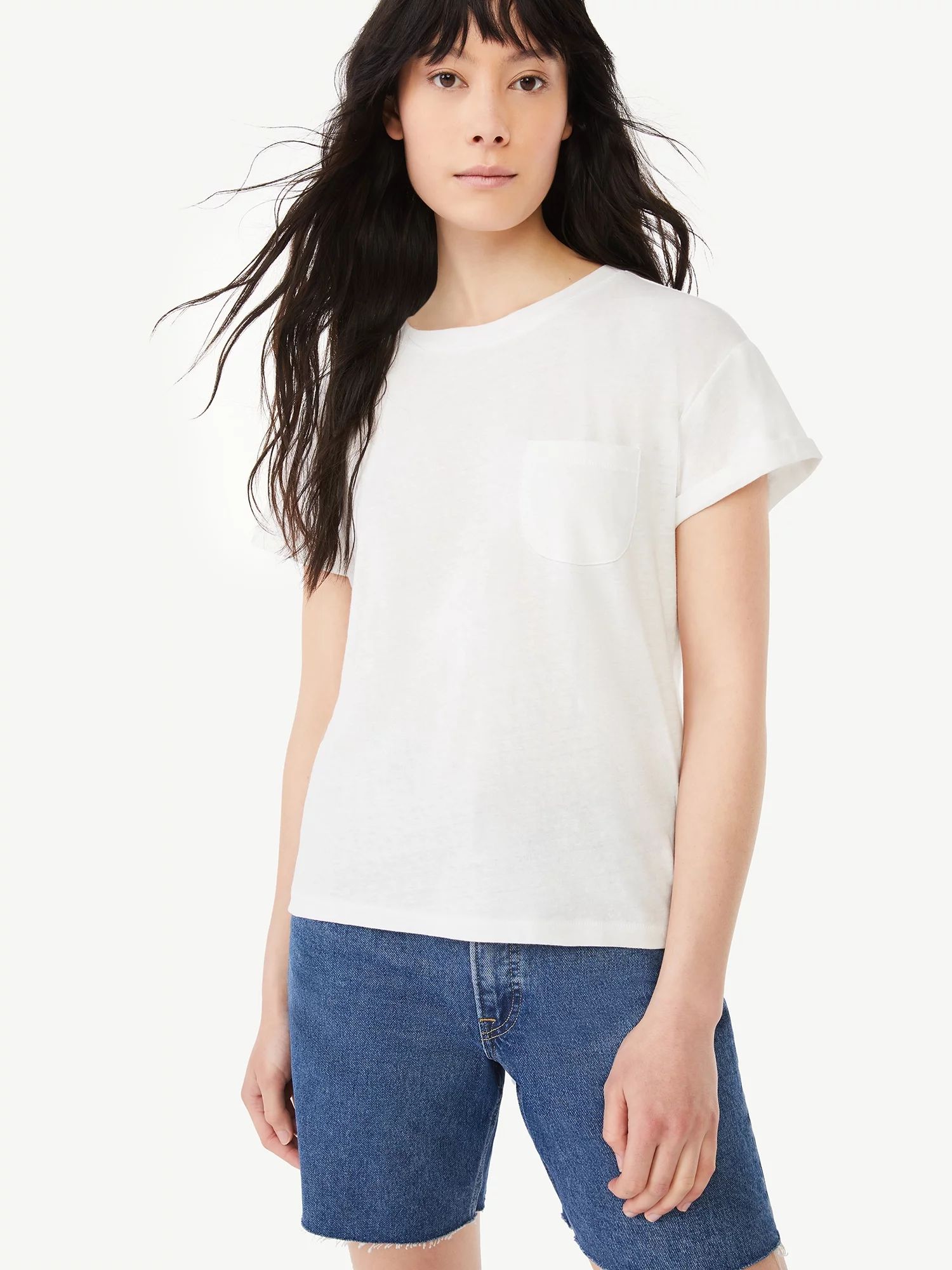 Free Assembly Women's Cuffed Pocket T-Shirt with Short Sleeves | Walmart (US)