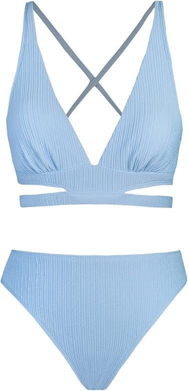CUPSHE Bikini Set for Women Two Piece Swimsuits Triangle Top Mid Rise Crisscross Back Tie Cutout Spa | Amazon (US)