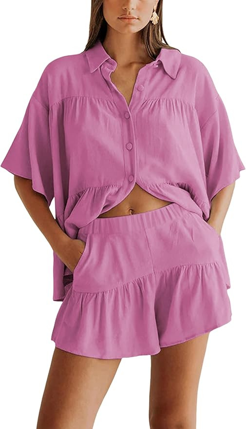 Qiaomai Womens 2 Piece Outfits Summer Ruffled Shirt and High Waist Shorts Matching Set (RoseRed-L... | Amazon (US)