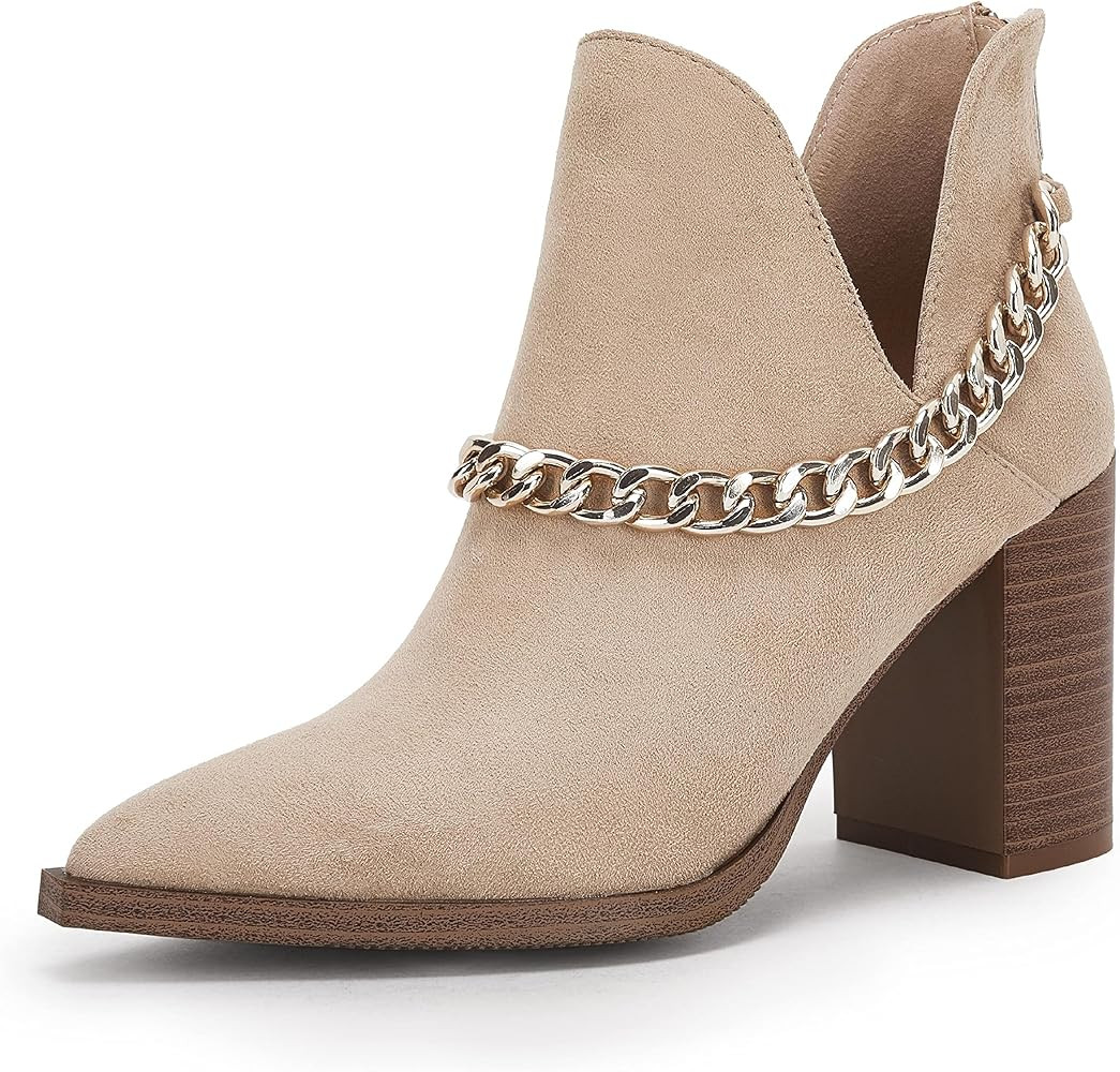 Womens Cutout Booties Chain Pointed Toe Stacked High Heel Back Zipper Casual Ankle Boots | Amazon (US)