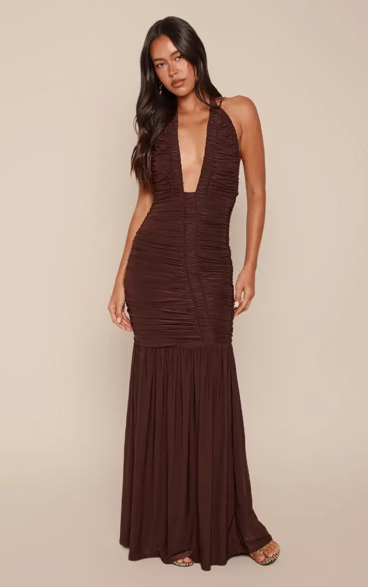 Chocolate Slinky Extreme Ruched Halterneck Maxi Dress | PrettyLittleThing USA | PrettyLittleThing US