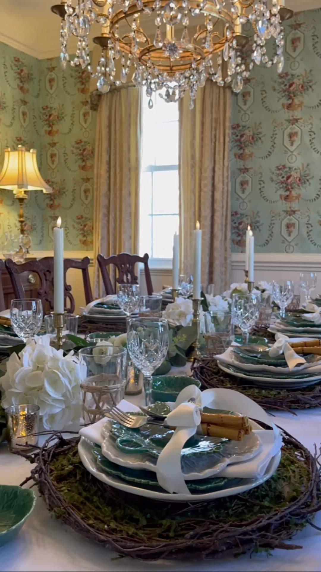 A spring tablescape layered with crisp whites, fresh greenery, grapevine chargers, and delicate cabbage plates. Soft candlelight and eucalyptus create a setting that feels both timeless and inviting.

Linking the table decor, serving pieces, and similar entertaining details here.

#LTKSeasonal #LTKHome