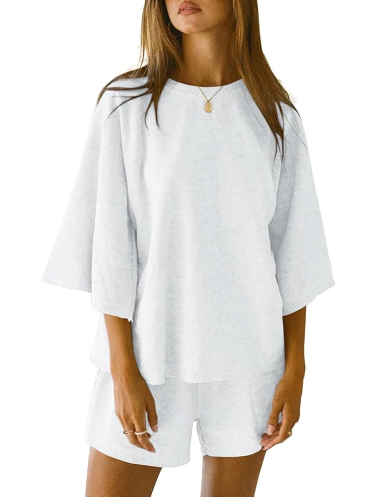 Tankaneo Womens Pajama Sets 3/4 Sleeve Oversized Tops and Elastic Waist Shorts Lounge Sets Lounge... | Amazon (US)
