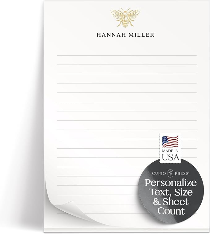 Personalized Notepads with Name and Gold Bee Stationery 50 or 100 Sheets, Unlined or Lined Statio... | Amazon (US)
