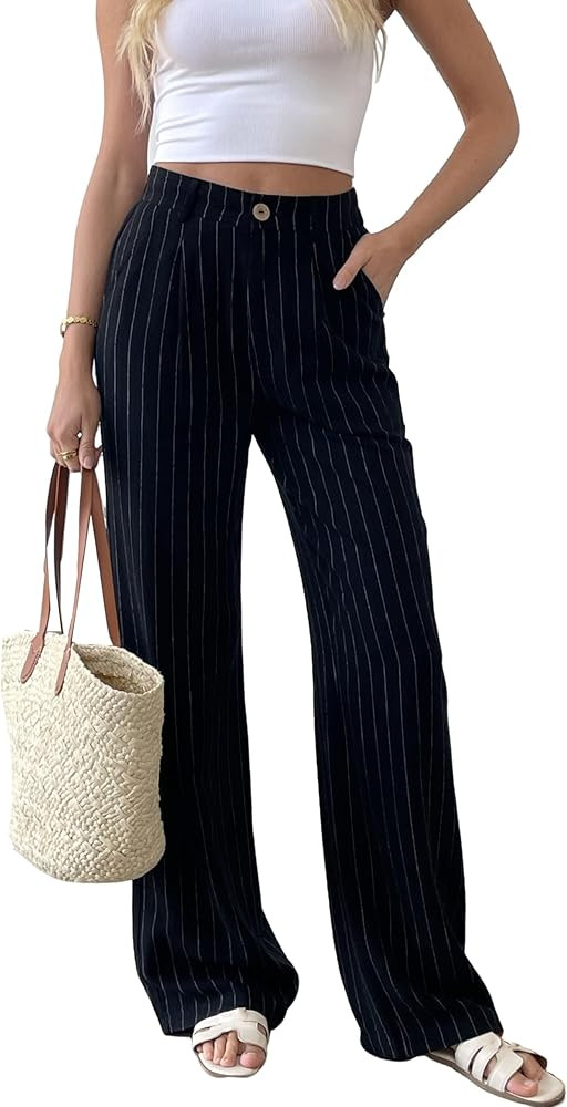 heipeiwa Women's Linen Casual High Waist Wide Leg Straight Dress Cotton Linen Pants Button Trouse... | Amazon (US)