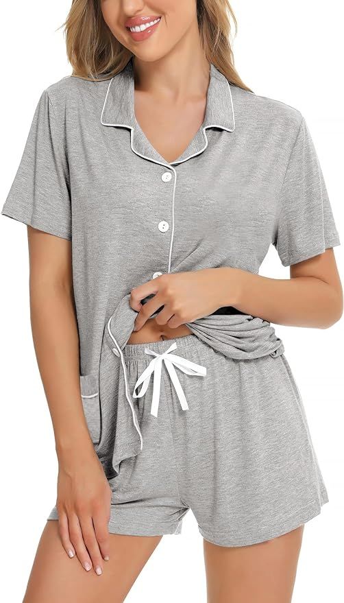 SWOMOG Womens Button Down Pajamas Set Short Sleeve Sleepwear Bride Soft Pj Lounge Sets XS-3XL | Amazon (US)