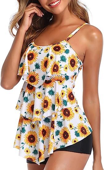 Summer Mae Women 2 Piece Flounce Floral Top with Boyshorts Tankini Swimsuits | Amazon (US)
