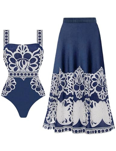 FLAXMAKER Lily and Majolica Series Intertwine Pattern Print Sling One Piece Swimsuit and Skirt(Blue,M) | Amazon (US)