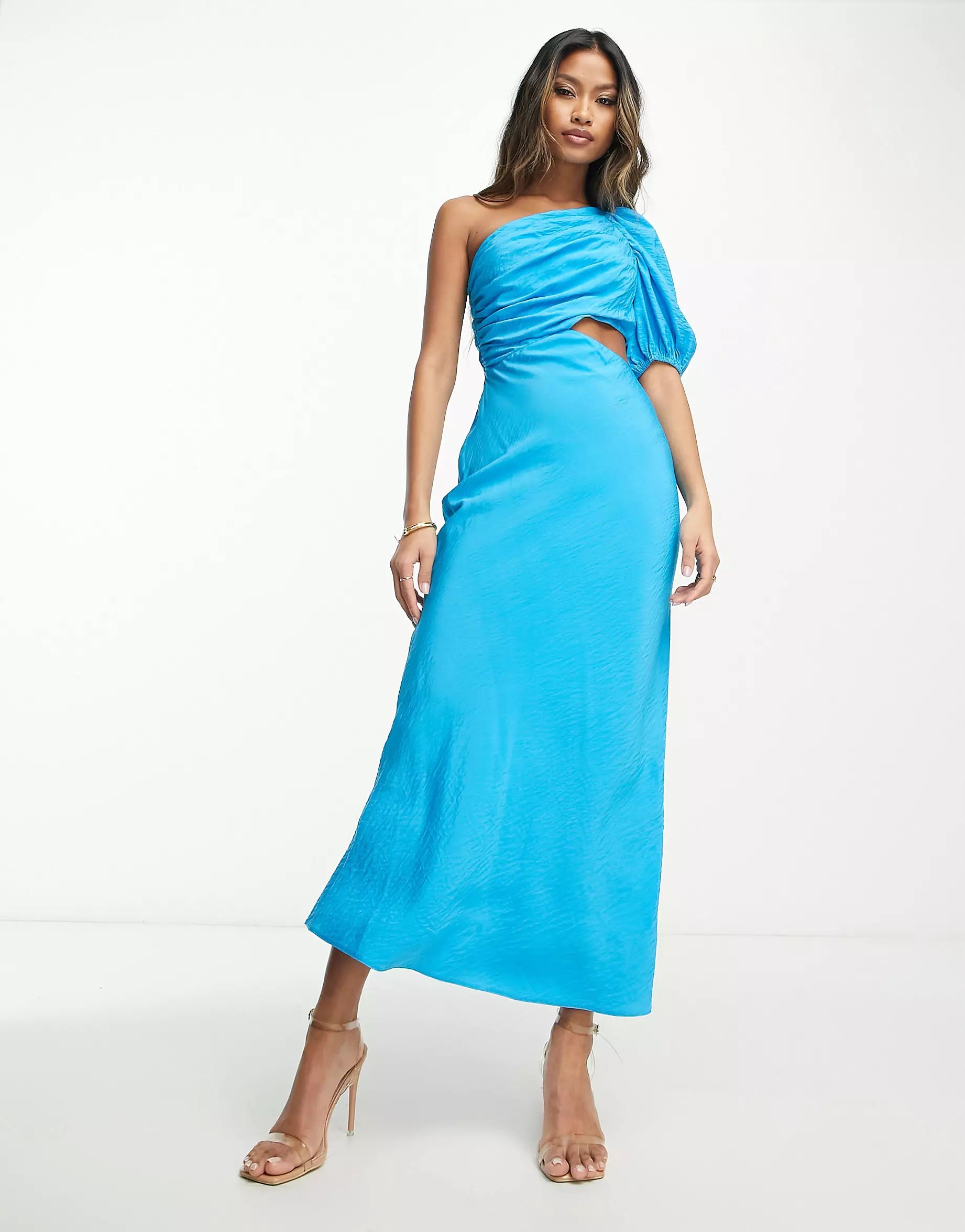 ASOS DESIGN washed one shoulder maxi dress with cut out side waist detail in turquoise | ASOS (Global)