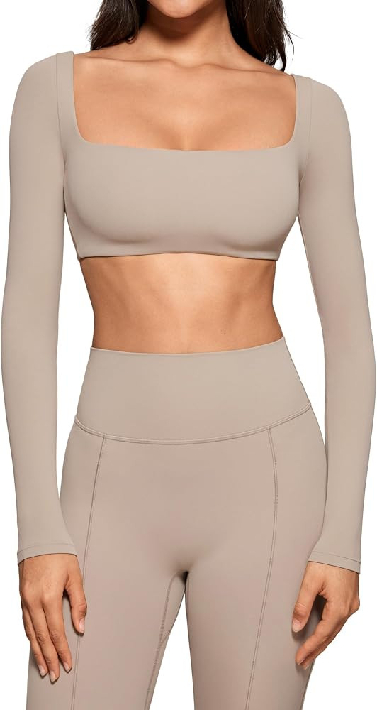 Womens Square Neck Long Sleeve Crop Top Workout Athletic Yoga Basic Tee Bandeau Fitted T-Shirt wi... | Amazon (US)