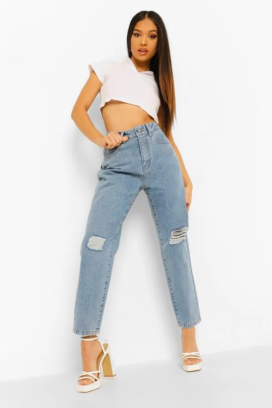 Petite High Waist Distressed Mom Jeans | Boohoo.com (US & CA)