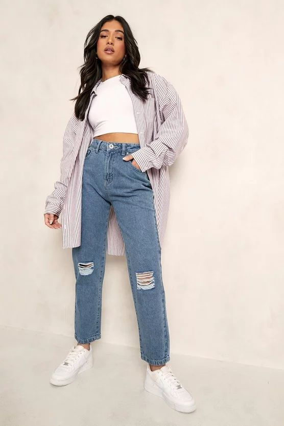 Petite High Waist Distressed Mom Jeans | Boohoo.com (US & CA)