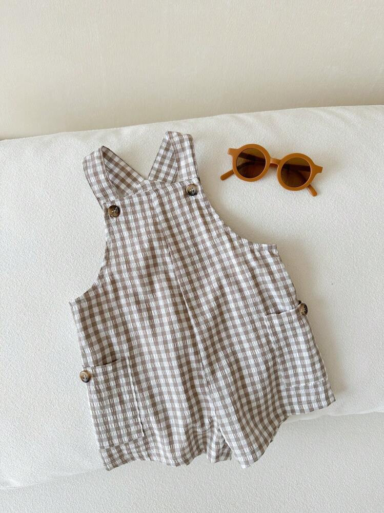 SHEIN LMoss Kids Newborn Baby Boy/Girl Versatile Cute Plaid Romper, Summer Checkered Overalls Toddler Gingham Romper Baby Checkered Outfit Mocha Baby Clothes Summer Baby Outfit | SHEIN