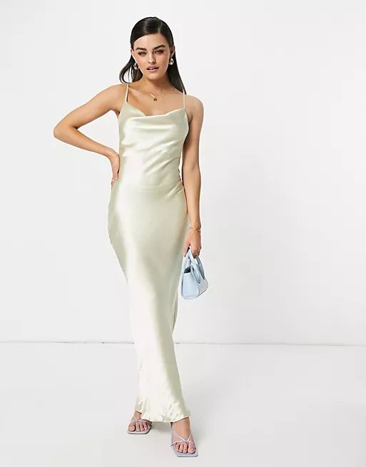 ASOS DESIGN cami maxi slip dress in high shine satin with lace up back in oyster | ASOS | ASOS (Global)