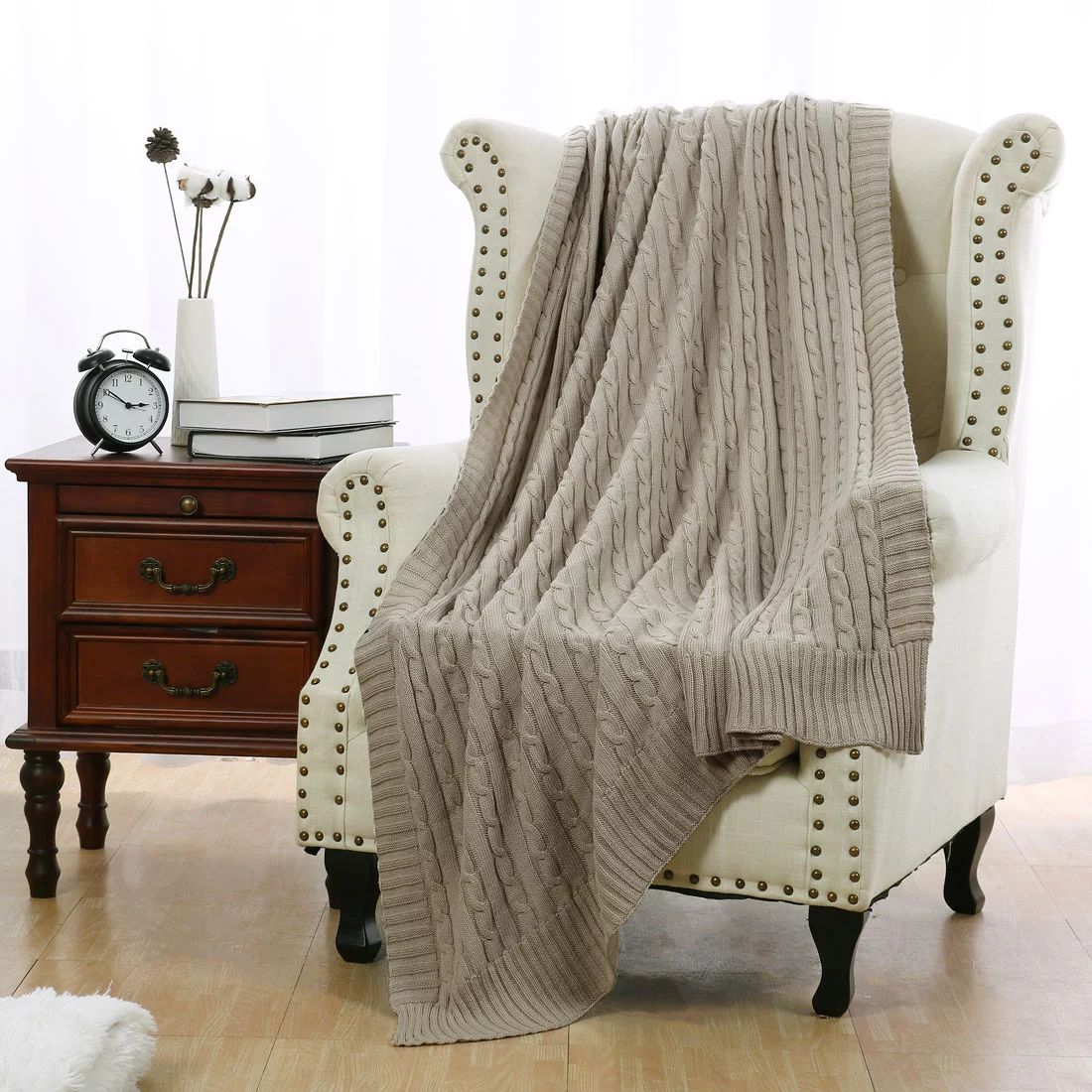 PiccoCasa 47"x70" Cotton Throw Blanket Cable Knitted Decorative Blanket, Khaki | Walmart (US)
