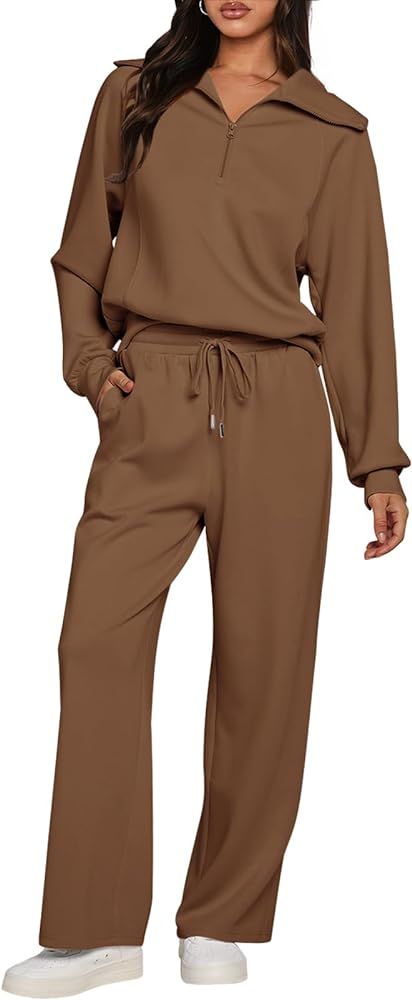MEROKEETY Women's 2 Piece Outfits 2023 Long Sleeve Half Zip Sweatshirt Wide Leg Sweatpants Lounge... | Amazon (US)
