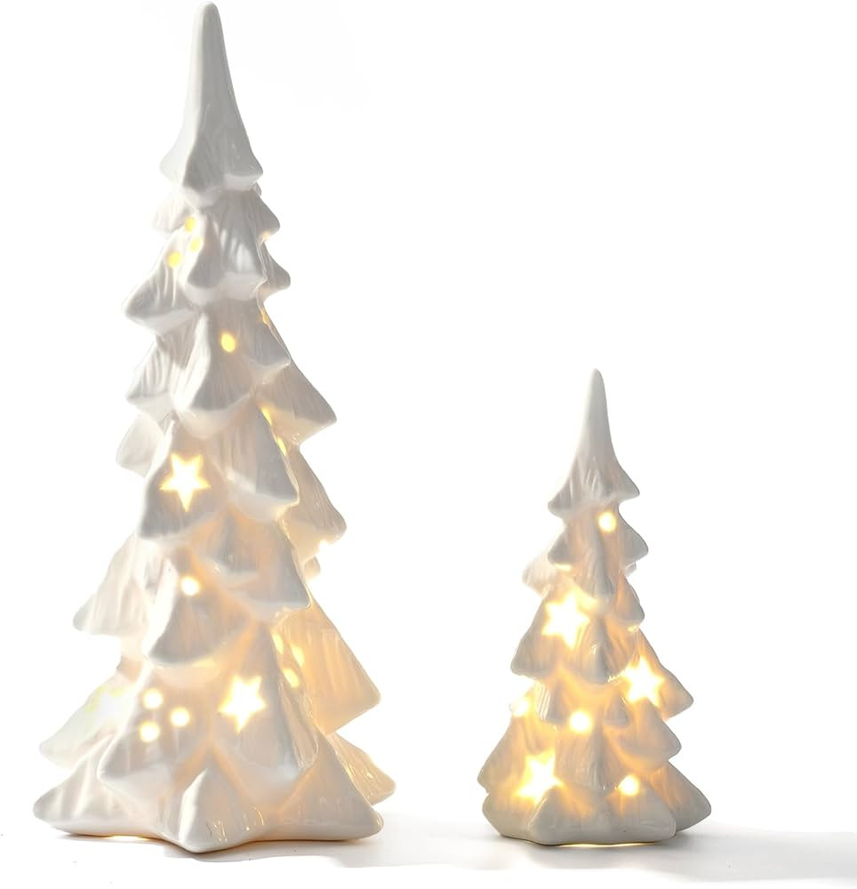 DN DECONATION White Ceramic Christmas Tree That Light Up, 2Pcs Porcelain Christmas Tree with Lights, Stars and Dots Cutouts Prelit Tabletop Xmas Tree Figurines, Modern Christmas Decor, Gift | Amazon (US)