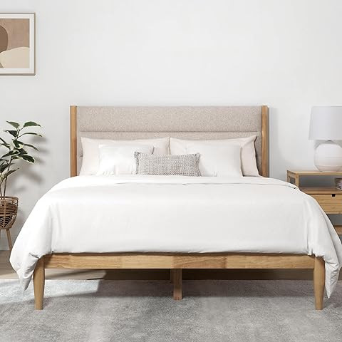 KISLOT Wood Bed Frame with Upholstered Headboard Wooden Platform with Silent Slat Support Mattres... | Amazon (US)