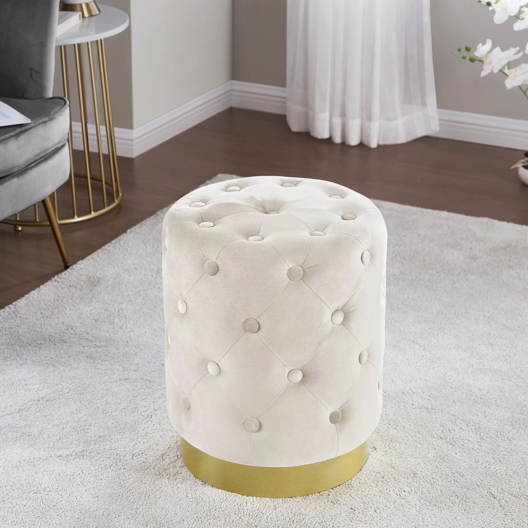 Beverly Modern Contemporary Round Tufted Upholstered Velvet Ottoman with Gold Metal Base | Walmart (US)
