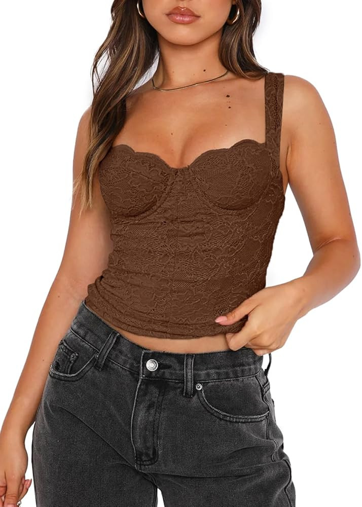 REORIA Women's Summer Sexy Square Neck Sleeveless Going Out Trendy Lace Bustier Tank Crop Tops | Amazon (US)