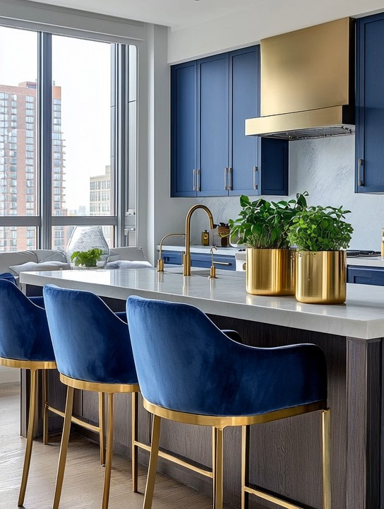 Modern nautical meets elevated beach house elegance.

This navy and gold kitchen is the definition of refined coastal living. The deep navy velvet bar stools with gold legs instantly anchor the space, while the gold accents — faucet, cabinet handles, range hood, and planters — add warmth and polish.

Navy brings depth and sophistication.
Gold adds warmth and glow.
Together, they create that modern nautical beach house vibe — crisp, clean, but never boring.

And here’s the secret: this palette works beautifully with natural wood cabinetry too. The warmth of wood softens the bold navy, while gold ties everything together with a timeless, luxurious finish.

This isn’t just coastal decor — it’s coastal confidence.
Fresh. Elevated. Intentional.

Perfect for:
• Modern beach homes
• Coastal condos
• City apartments wanting that ocean-inspired touch
• Anyone who loves navy interiors with warmth

#ModernNautical #BeachHouseStyle #NavyAndGold #CoastalKitchen #NavyKitchen #GoldHardware #KitchenInspo #CoastalLiving #ElegantInteriors #BarStoolStyle #LuxuryKitchenDesign #ModernCoastal #InteriorInspiration 

 #LTKHome