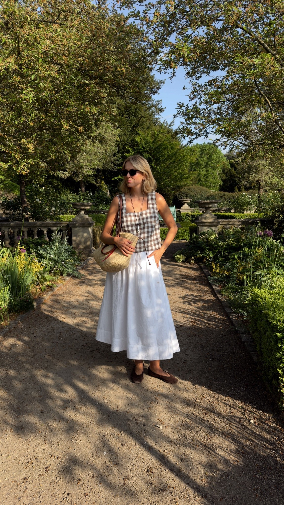 Gingham top, linen top, white maxi skirt, white midi skirt, suede ballet flats, basket bag, summer outfit

#LTKuk #LTKspring #LTKsummer