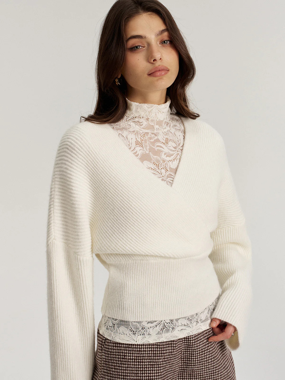Lace Top and V Neck Sweater Two Piece Set | Commense