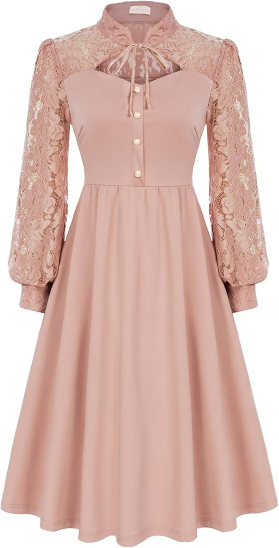 Women Gothic Lace Dress Cutout Stand Collar Long Sleeve Vintage Party Dress | Amazon (UK)