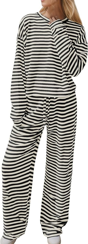 Ythomm Striped Pajamas Womens 2 Piece Sets Long Sleeve Tee Shirts Drawstring Wide Leg Pants Match... | Amazon (US)